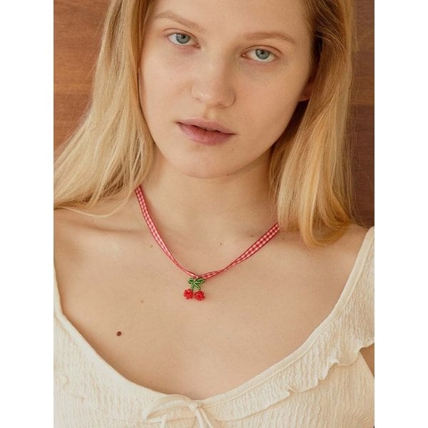 red gingham nacklace- cherry