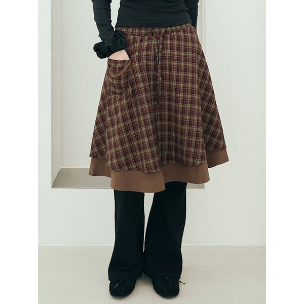 Check Pocket Midi Skirt Burgundy Brown
