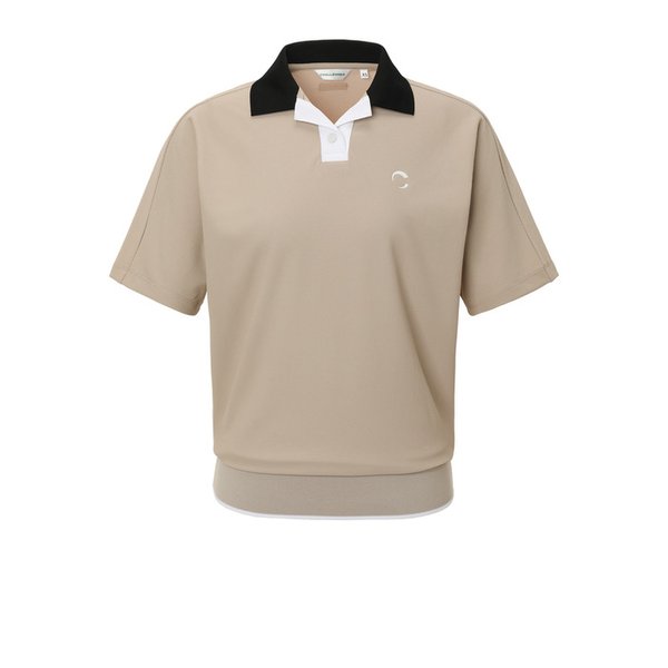 여성 PQ소재 배색 오픈 카라 반팔 티셔츠 베이지