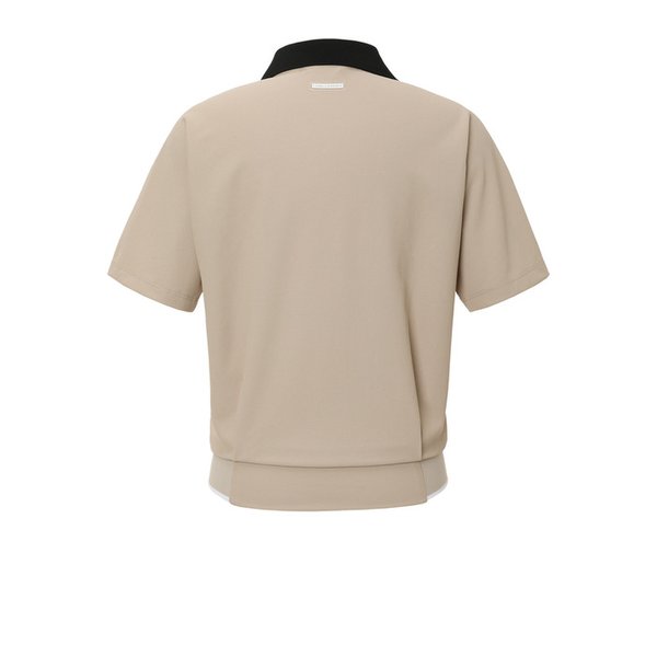 여성 PQ소재 배색 오픈 카라 반팔 티셔츠 베이지