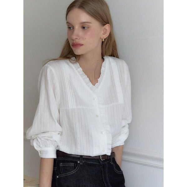 V-Neck Ruffle Pintuck Blouse - Ivory