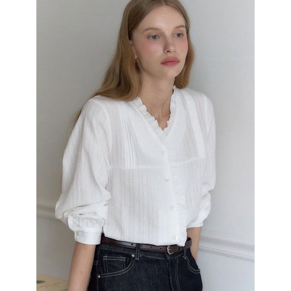 V-Neck Ruffle Pintuck Blouse - Ivory