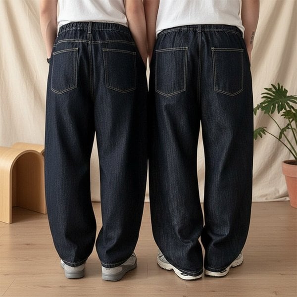 [옷자락] 커브드 생지 와이드 밴딩 남녀공용 청바지