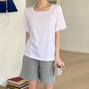 아루 스퀘어 라운드 골지 반팔 티셔츠_P392069759