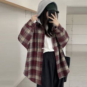 배색 체크 후드 남방 긴팔 루즈핏 도톰 데일리 롱 셔츠_P438733450
