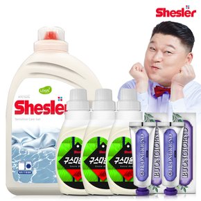 강호동의 쉬슬러 액상 세제 센스티브 3.05L 1개+구스다운워시전용 650ml 3개+잇몸케어 치약 100g 2개.