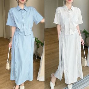 시원한 베이비블루 벨티드 크롭 카라 셔츠   포켓 맥시 머메이드 스커트 투피스.._P392406878