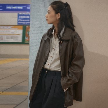 틸아이다이 Faux leather pocket jacket_Brown