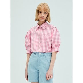 Puff Short Sleeve Check Blouse_Pink