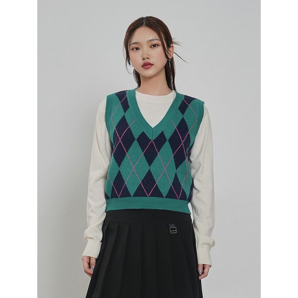 여성 아가일 니트 베스트 (GREEN) (HAAVK1A)