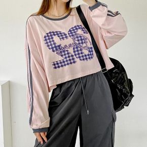 와플넘버나염 배색라운드박스 긴팔크롭티셔츠 가을데일리 빅사이즈 오버핏 면캐주얼_P437241485