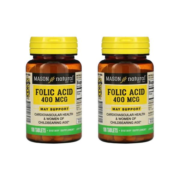 [해외직구] 메이슨네츄럴 엽산 폴릭엑시드 400mcg 100정 2팩 Mason Natural Folic Acid 400 mcg 100 Tablets