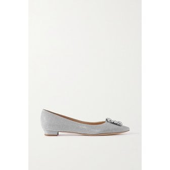 마놀로블라닉 한기시 크리스털 장식 글리터 새틴 포인트 토 플랫 실버 1647597286939993