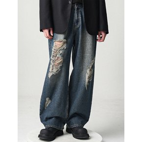 Brush Destroyed Denim Pants  BLUE