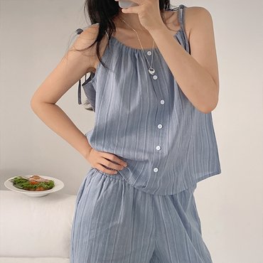 핫핑 유블레 스트라이프 스트링 슬리브리스+밴딩 와이드팬츠setP000CQIC