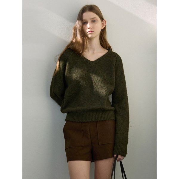 헤어리 울 블렌드 브이넥 니트 - 카키