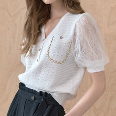 마쟈 골드체인 라인 쉬폰소매 브이넥 니트