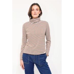 큘 THE TURTLENECK T-SHIRT - CREAM/WALNUT MINI STRIPE