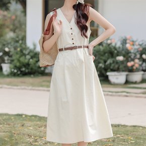 브이버튼넥 허리벨트 민소매 원피스 D1EE43_P363328145