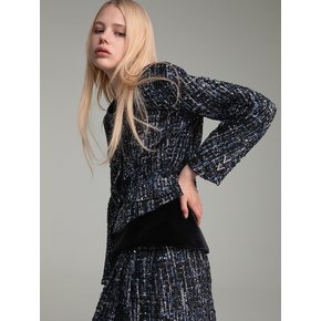 Blue & silver sequined tweed raglan sleeves jacket