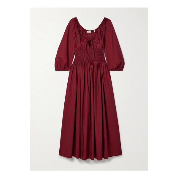 도엔 퀸테사 타이 디테일 셔링  코튼 포플린 미디 드레스 버건디 46376663162909278