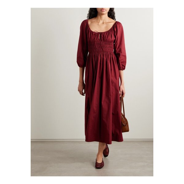 도엔 퀸테사 타이 디테일 셔링  코튼 포플린 미디 드레스 버건디 46376663162909278
