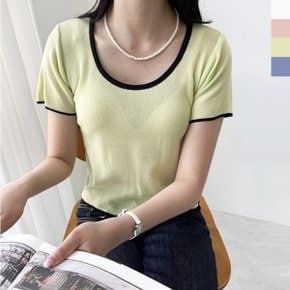 블레오 여성 봄 여름 라운드넥 배색 예쁜 데일리 반팔 니트