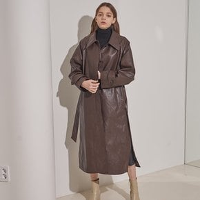 Faux Leather Slit Trench Coat Brown