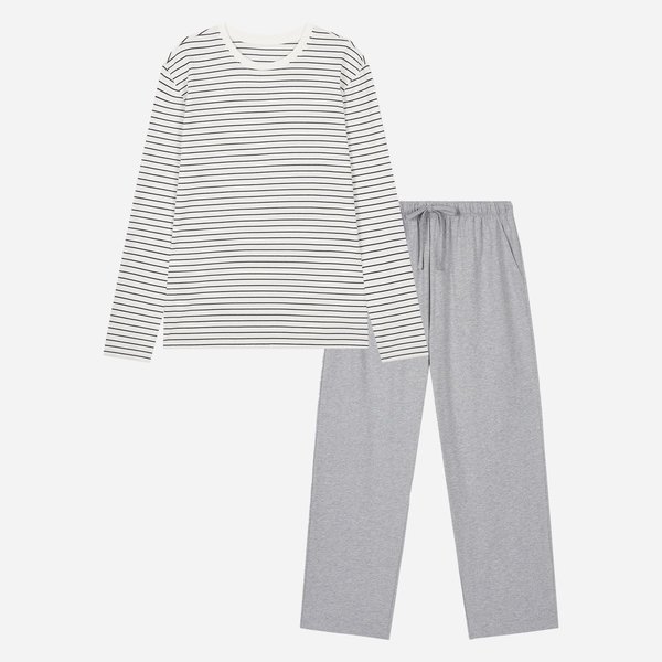 [SET] 남 스마트 코튼 라운드넥 긴팔 라운지 티셔츠,10부 라운지 팬츠_오프화이트&멜란지그레이