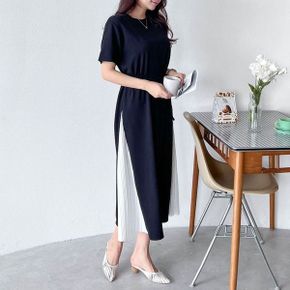 배색 플리츠 허리끈 A라인 빅사이즈 롱 원피스 여름 임부복 R903_P421673959