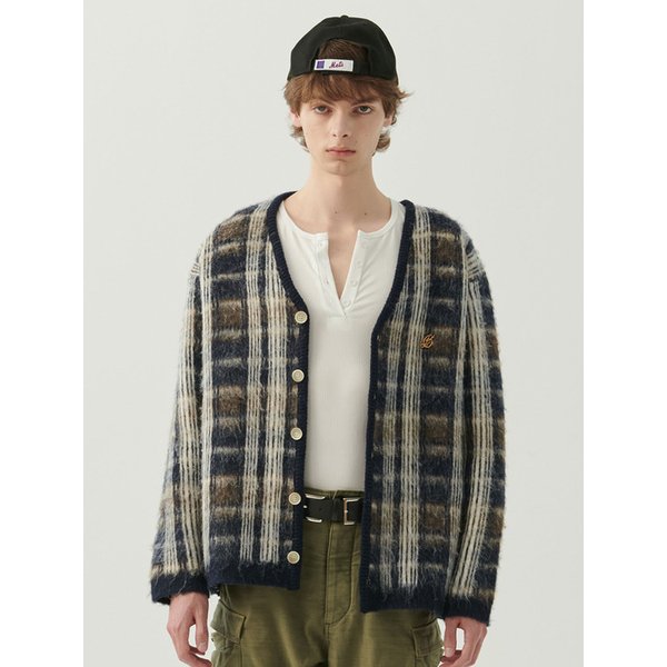 프레피 헤어리 체크 모헤어 터프 가디건 네이비