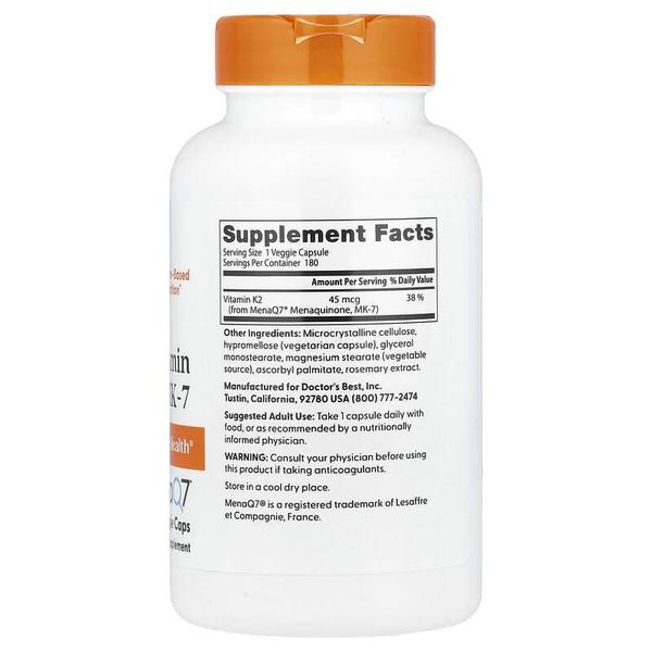해외배송 Doctor`s Best 닥터스베스트 내추럴 비타민 K2 MK-7 MenaQ7 45mcg 180정