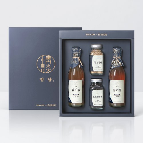 [대현상회] Premium 국산 참기름 들기름 선물세트 (참기름350ml,들기름350ml,볶은검은깨,80g,볶은참깨 80g) (선물상자포장)