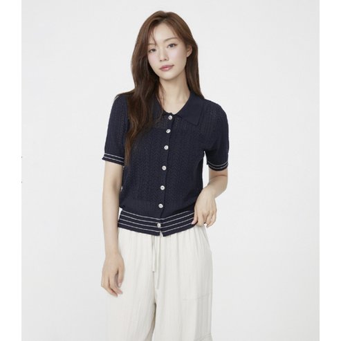 플라스틱아일랜드 스트라이프 배색 아일렛 가디건 (PR2KG632)