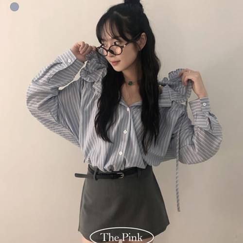 더핑크 / 히몽 오버핏 스트라이프 버튼 프릴 후드 셔츠