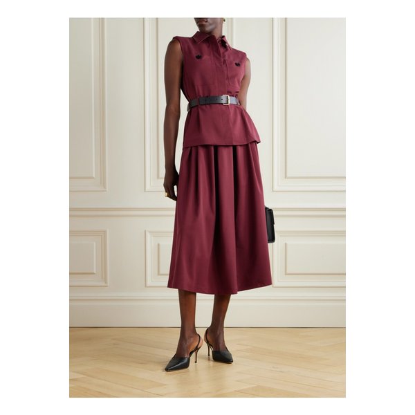 벨트 레이어드 플리츠 트윌 미디 드레스 버건디 46376663162915052