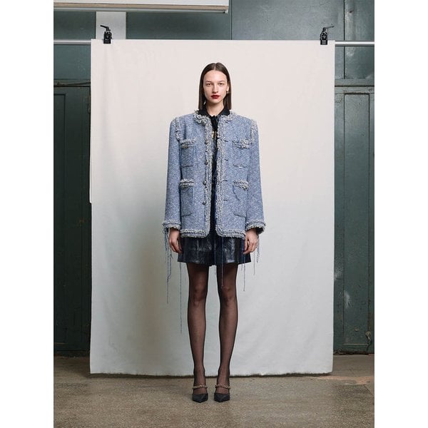 BLUE DISTRESSED 4-POCKET TWEED JACKET