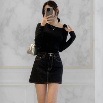 신세계라이브쇼핑 [옷자락] 여성 논페이드 청치마 스티치 A라인 블랙 미니스커트