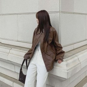 여성 레더 빅사이즈 카라넥 주머니 힙무드 자켓