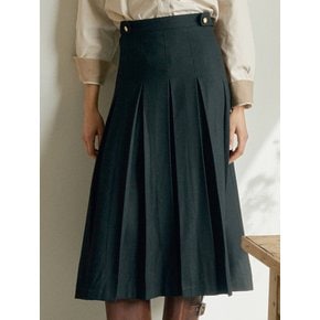 T Gold Button Twill Pleats Skirt_Black