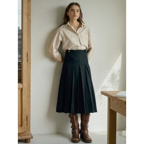 T Gold Button Twill Pleats Skirt_Black