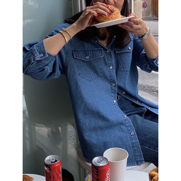 웨스턴 박시 데님셔츠_MID BLUE