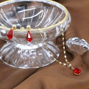 [14K 2종] 스와로브스키 크리스탈  레드 다이아몬드 큐브 목걸이 귀걸이세트