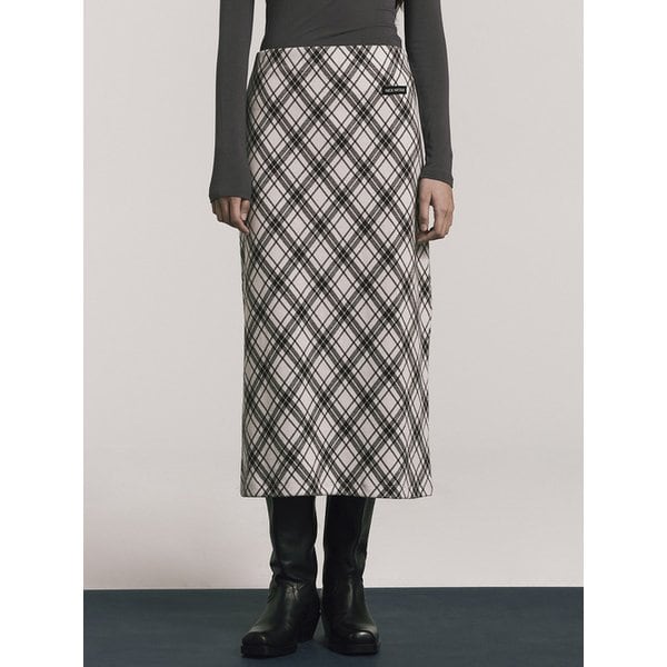 CHECK STRAIGHT LONG SKIRT_IVORY