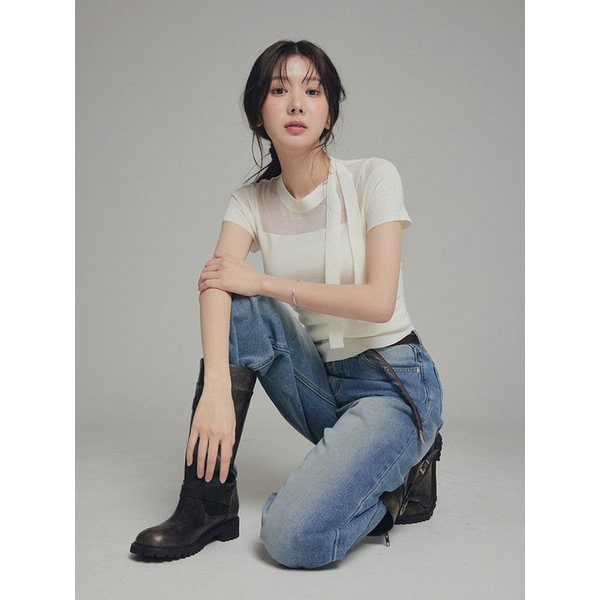 [송수이PICK] 멜리브 시스루배색 슬림 하프 니트