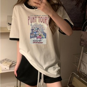 투어 배색 루즈핏 반팔 티셔츠_P387994715