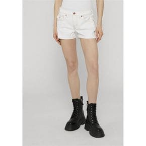 True Religion 트루 종교 제니 미드 라이즈 숏 플랩 - 데님 반바지 옵틱 화이트 7799245