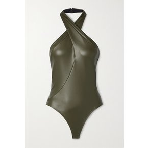 Oliver Faux Leather Halterneck Thong Bodysuit 다크 그린