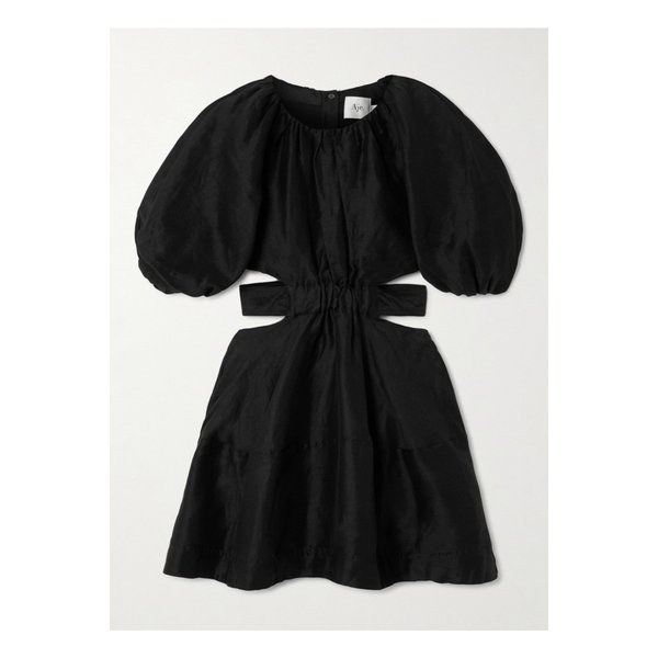 에이지 미모사 컷아웃 개더 리넨 혼방 미니 드레스 블랙 1647597333738049