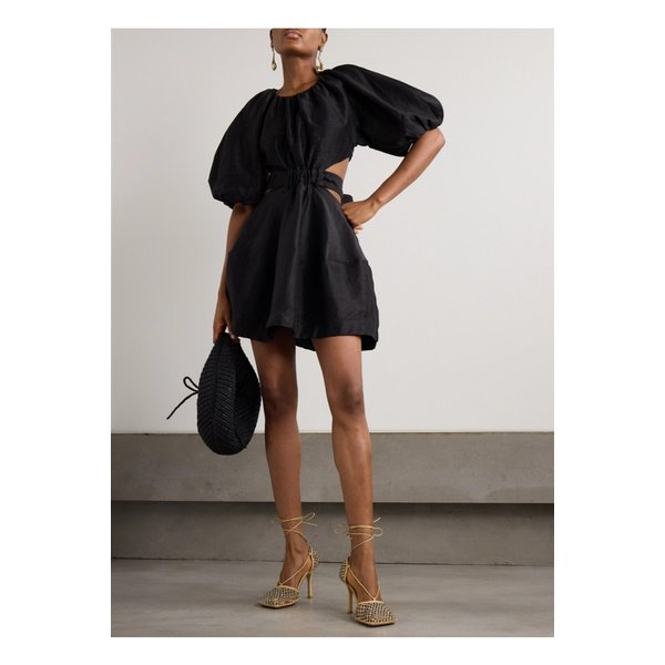 에이지 미모사 컷아웃 개더 리넨 혼방 미니 드레스 블랙 1647597333738049